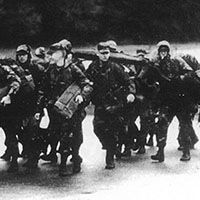 1/75th Ranger Regiment soldiers prepare to load onto C-141 Starlifter aircraft, 19 December 1989 (photo from Gordon L. Rottman, Panama 1989-90 [New York: Osprey Publishing, 1991], used with permission).