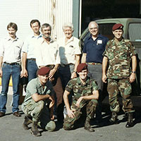 To make its AN/TSC-93A satellite terminal transportable on a C-130 aircraft, the 112th Signal Battalion worked with the 528th Special Operations Support Battalion and Tobyhanna Army Depot to modify a standard M-1028 Commercial Utility Cargo Vehicle, seen here, with dual-wheel rear axle. The project was completed in June 1988, and field-tested during the FLINTLOCK exercise of U.S. European Command.