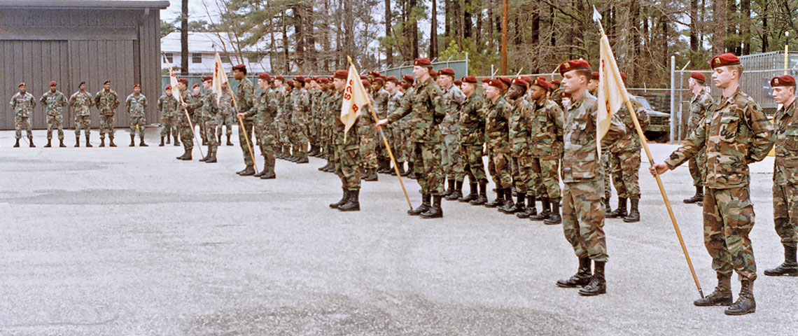 528th Support Battalion soldiers form up for an awards ceremony outside their headquarters at the “Old Stockade” facility, Fort Bragg, North Carolina, circa 1989.