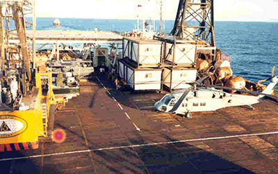 While supporting Operation EARNEST WILL, CPT Mark A. Olinger, 528th SOSB, accompanied 160th Special Operations Aviation Group air crews on resupply missions to U.S. Navy frigates throughout the Arabian Gulf, and to the mobile sea barge Hercules, pictured here.