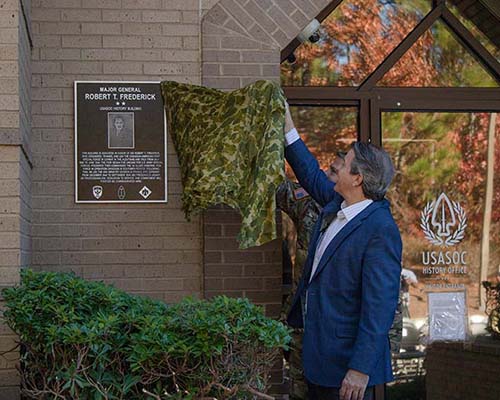 >Brad Hicks, grandson of MG Frederick, at the building dedication on 3 December 2021.