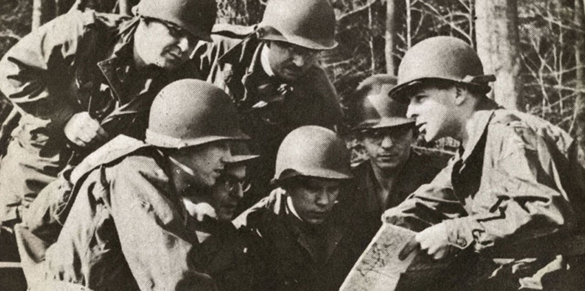 Formerly head of the Propaganda Section, loudspeaker section OIC 1LT Leif Oxaal (right) discusses the best location to make simulated loudspeaker surrender appeals with PFC George Biriuk and CPL David B. Nuckols (top), and (below, left to right) PFC Stanley E. Frazier, CPL Raymond Shymansky, CPL Andrew J. Tkachuk, and CPL Russell A. Schmidt.  