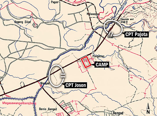 Map featuring the two blocking positions set by the Philippine Guerillas (with some Rangers)