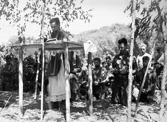 After two months of hiking and fighting, the Marauders of 1st Battalion took time to rest and celebrate Easter on 9 April 1944. This was Father Thomas J. Barrett’s first opportunity to say Mass in three months.