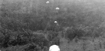 After all the men have jumped, the C-87 circled back to drop equipment and supplies. One of the men remaining on the drop plane took this photograph of “B” Group personnel floating down into Japanese occupied Burma. This was the last time that Detachment 101 ever saw  “B” Group.