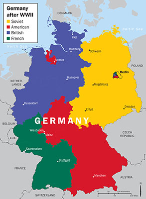 This map depicts the Allied Occupation Zones at the end of World War II.