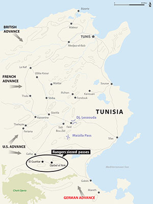 The Rangers seized the key passes of Djebel el Ank Pass and El Guettar, Tunisia. Seizure of the strategic terrain allowed General Patton’s II Corps to attack, eventually seizing Tunisia.