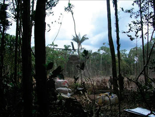 A Colombian Black Hawk lands in a jungle clearing. The helicopters provide a rapid deployment capability.