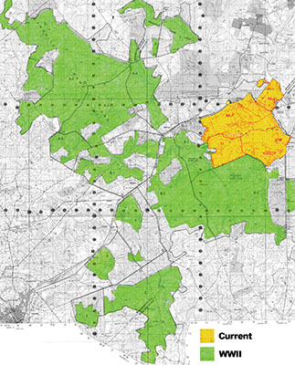 Map showing present and former sizes of Camp Mackall.