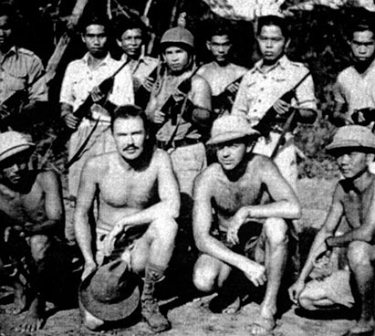 SO Team YIELD in Thailand August 1945. OSS agents Petty Officer Don Gilbertson and Captain Van Mumma. The Thais in  the photo were police officers.
