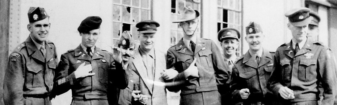 10th SFG soldiers in Japan with their United Nations counterparts, 1LT Brian Passey, 1LT Murl Tullis, 1LT Reuben Mooradian, CPT Bliss Croft, 1LT Charlie Norton, Captain John Sullivan Australian Army, Lieutenant Johnston Australian Army  1LT Mike Layton, Lieutenant George, British Army. Photo taken at Camp Ebisu, Japan, Spring 1954.