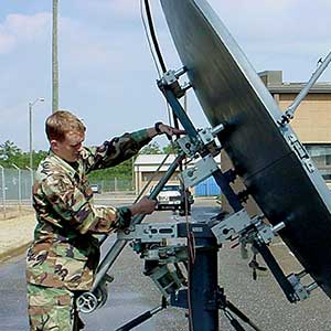 Soldiers of the 112th Signal Battalion erect a Downsized Deployable Satellite Terminal (DDST). The 112th’s capability to transmit and receive voice and data globally via satellite communications systems extends the reach of ARSOF units around the world.