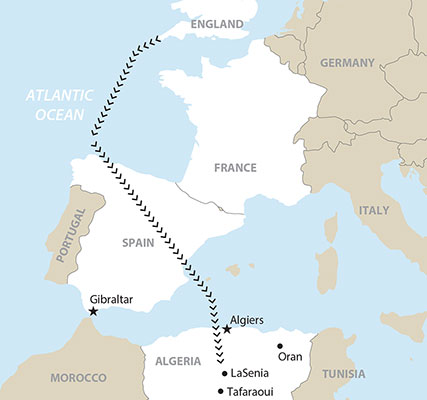 Flight route of the 509th PIB on 7 November 1942 in support of Operation TORCH.