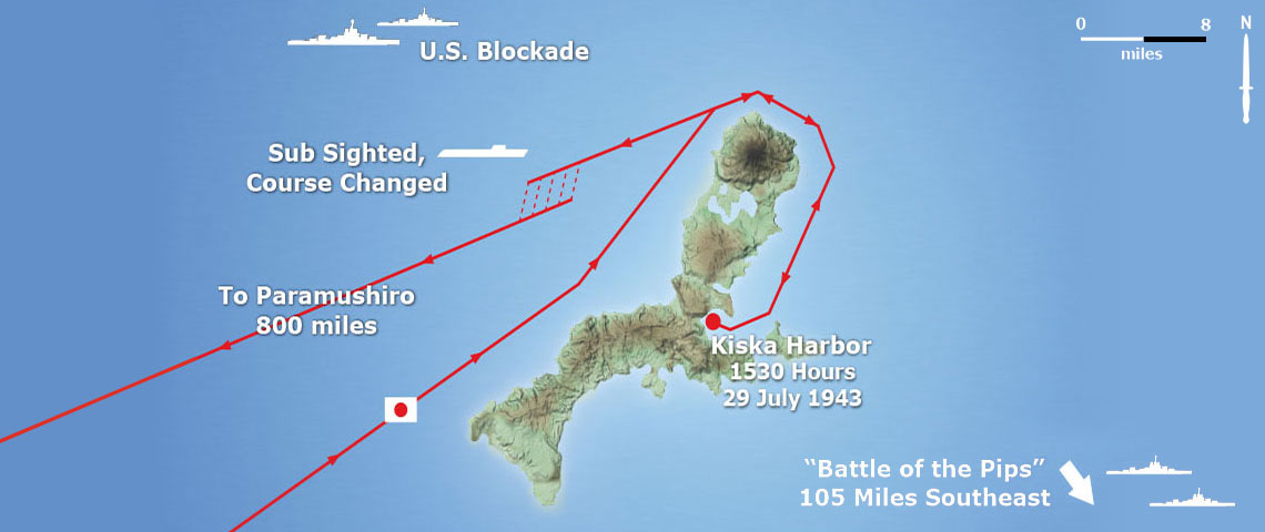 Rear Admiral Masatomi Kimura’s naval task force slipped through the allied blockade around Kiska and evacuated the Japanese forces on the island. Using the treacherous northern approach, the task force used the heavy fog to cover its movement. In 55 minutes all 5,200 troops were on board and the Japanese retraced their route safely through the blockade.
