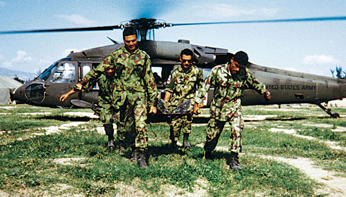 Training on loading and unloading MEDEVAC patients was part of the training in Haiti. It was particularly popular because the soldiers usually got a helicopter ride.