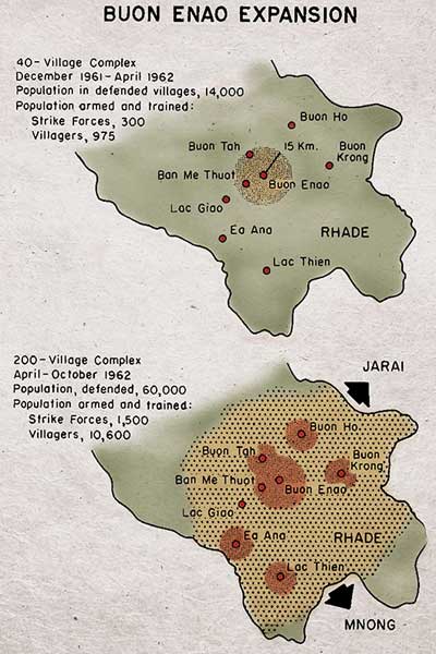 Map showing the expansion of the CIDG Program from its 40-village beginning in December 1961 until its 200-village expansion by October 1962.