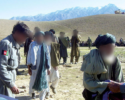 Distributing blankets and humanitarian supplies. Whenever possible, the CAT placed the distribution in the hands of the Afghans. The ODA provided security from the ridgeline.