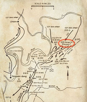 TF DOLVIN Map. Shows the route and objectives of TF DOLVIN in North Korea from 25-27 November 1950.