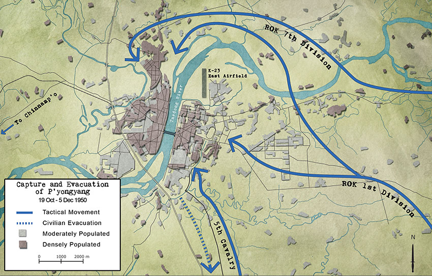 Map depicts UN assault on P’yongyang by the ROK 1st and 7th Divisions and the 1st Cavalry Division, 19-20 October 1950. 