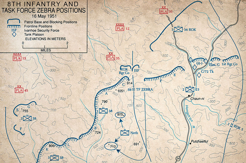 The Rangers moved south when Task Force ZEBRA was repositioned south to Han’gye. Prior to arriving they were sent to attack west to Hill 710, where the company suffered severe losses.