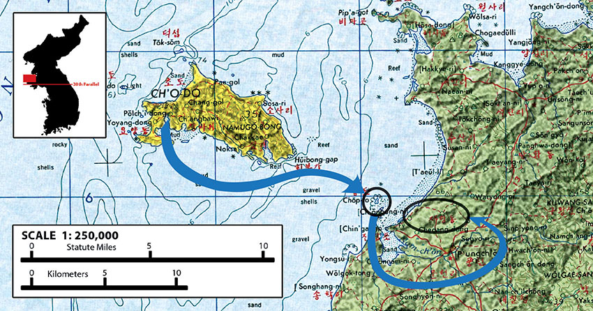 Cho-do and Chop-to islands, and the site of the guerrilla raid.