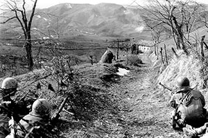 The rugged terrain and inclement weather coupled with stiff German resistance slowed the Fifth Army’s advance toward Rome.