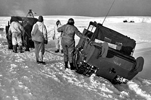 Two U.S. Navy M29 Weasel tracked vehicles on the ice in the antarctic during operation highjump